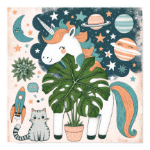Wandbild Weltraum-Einhorn mit Katze für Kinderzimm