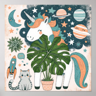 Wandbild Weltraum-Einhorn mit Katze für Kinderzimm Poster