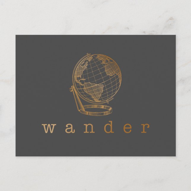 Wander Reiseangebot und Globe in Schwarz und Gold Postkarte (Vorderseite)