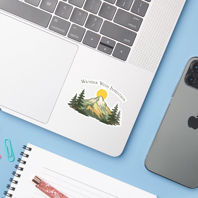 Wander With Intention Mountain Sticker (Laptop mit iPhone)