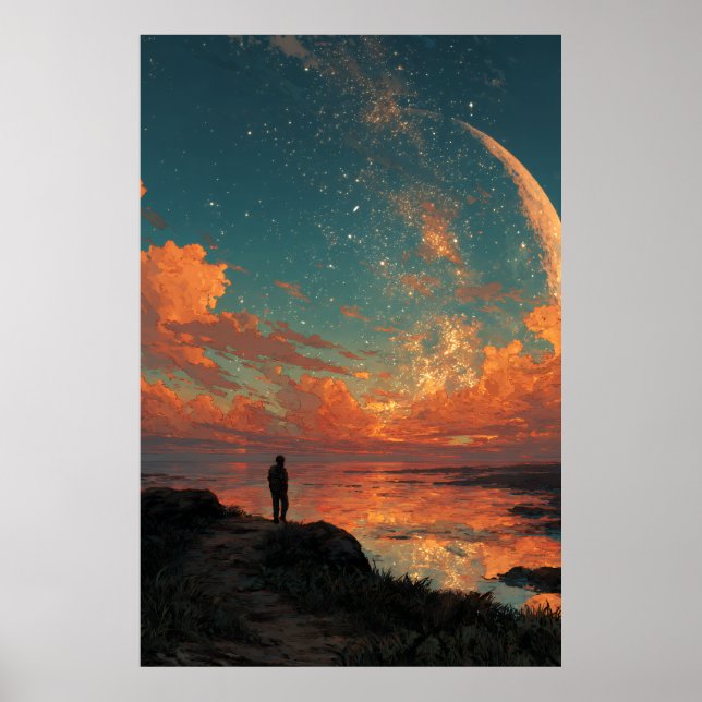 Wanderer Under Giant Crescent Moon Poster (Vorne)