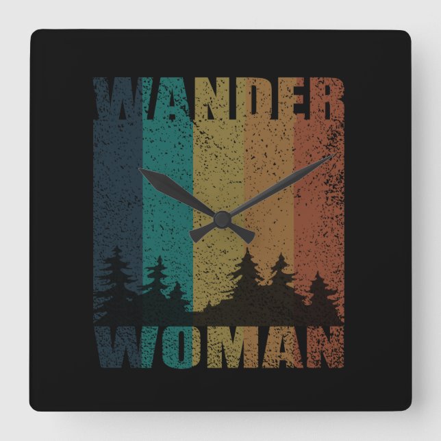 Wanderfrau Camping Vintag Quadratische Wanduhr (Vorderseite)