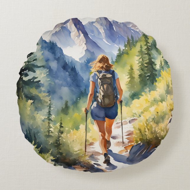 Wanderfrau Rundes Kissen (Vorderseite)