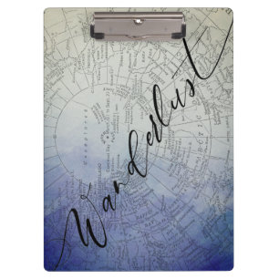 Wanderlust Blue Ombre-Wasserfarbe Vintage-Weltkart Klemmbrett