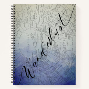 Wanderlust Blue Ombre-Wasserfarbe Vintage-Weltkart Notizbuch