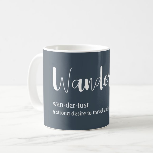 Wanderlust-Definition weiß, grau Kaffeetasse (Vorderseite Links)