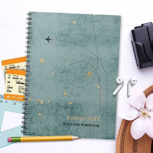Wanderlust Name Flugzeug Dunkelblaue Goldreise Notizblock (Wanderlust Name Airplane Dark Blue Gold Travel Notebook ©Susanne Sachers - Sunny Wanderlust 🌞✈️)