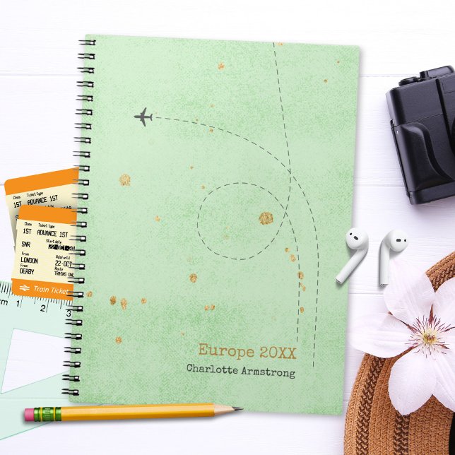 Wanderlust Name Flugzeug Sage Minze Gold Travel Notizblock (Wanderlust Name Airplane Mint Gold Travel Notebook ©Susanne Sachers - Sunny Wanderlust 🌞✈️)