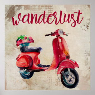 Wanderlust - Rotes Wasserfarben-Moped Poster