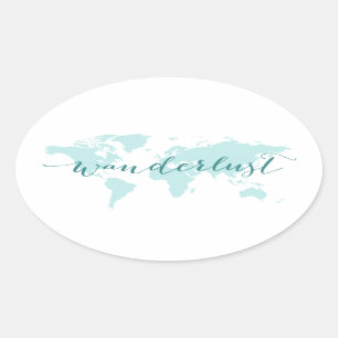 Wanderlust, Wunsch zu reisen, aquamarine Weltkarte Ovaler Aufkleber