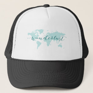 Wanderlust, Wunsch zu reisen, aquamarine Weltkarte Truckerkappe