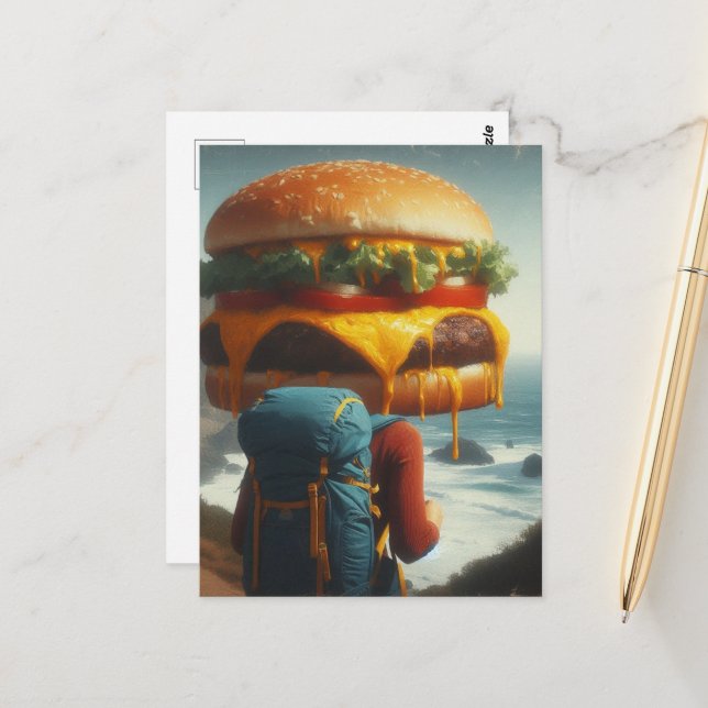 Wandern mit einem Cheeseburger im Kopf Postkarte (Vorderseite/Rückseite Beispiel)