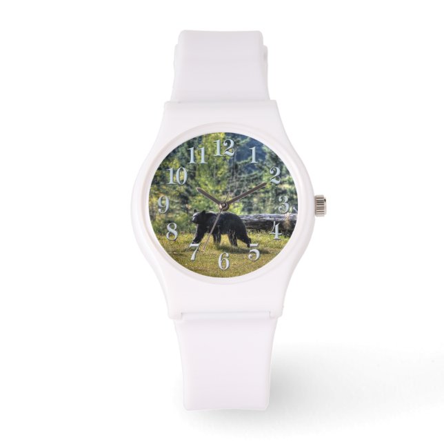 Wandern Schwarzer Bär & Wald Weideland Foto Armbanduhr (Vorderseite)