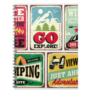 Wandern und Camping Retrosignatur Sammlung. Für Dr Notizblock