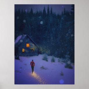 Wandern zu einer Hütte im Winterwald Poster