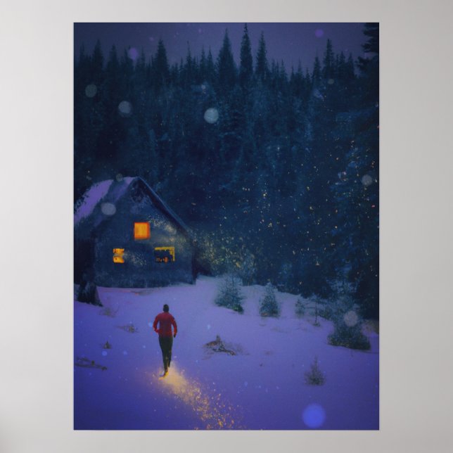 Wandern zu einer Hütte im Winterwald Poster (Vorne)