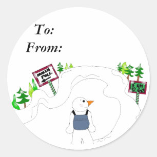 Wandernder Schneemann Geschenkanhänger Runder Aufkleber