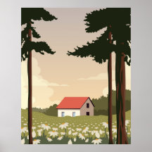 Wandposter Waldlandschaft, Haus im Wald,