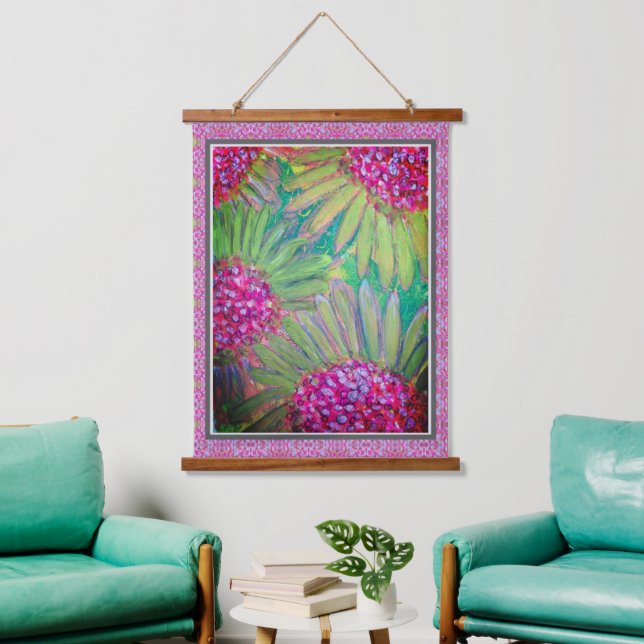 Wandteppich - Lebendige rosa Blumen Mit Holzrahmen (Wohnzimmer)