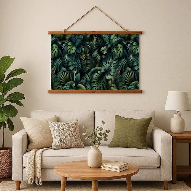 Wandteppich mit Holzabschluss Holzrahmen (Tropical Monstera Botanical Wood Frame Tapestry)