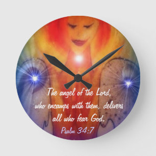 Wanduhr-Psalm-34:7 Engel der Lordmalerei Runde Wanduhr