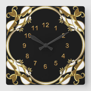 Wanduhr Schwarz Gold Weiß Floral Wirbel