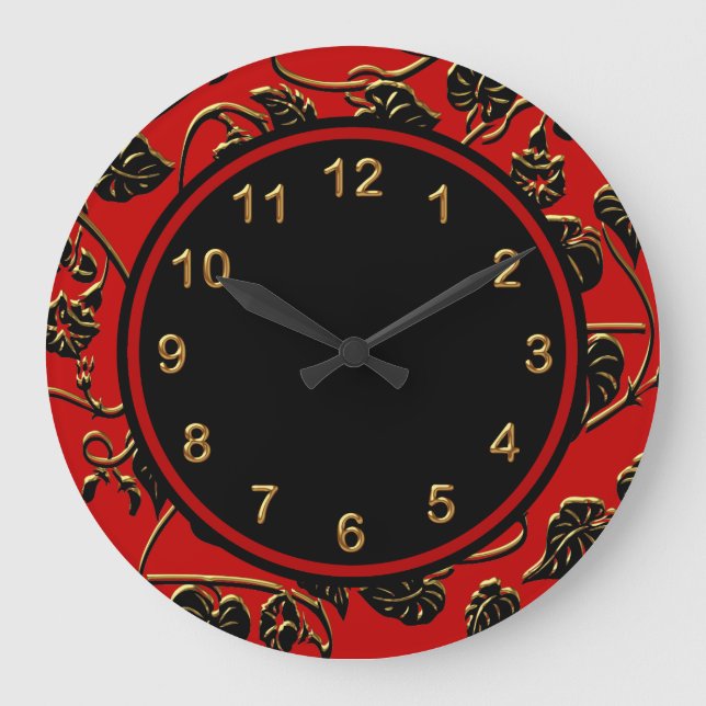 Wanduhr-schwarzer roter Goldordnungs-Damast mit Große Wanduhr (Vorderseite)