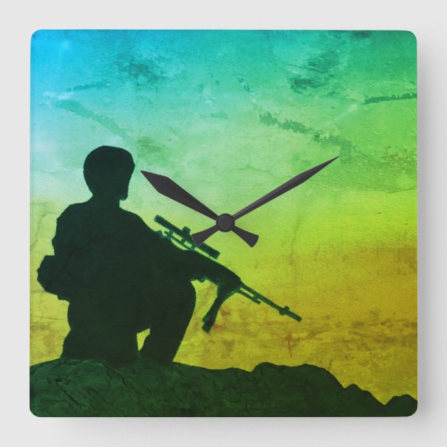 Wanduhr-Soldaten-Silhouette Quadratische Wanduhr (Vorderseite)