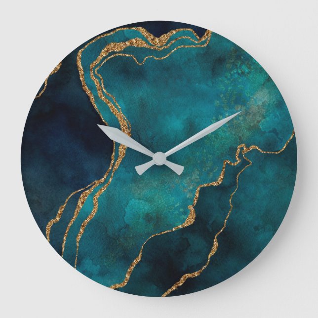 Wanduhren - Blauer und Aquamariner Marmor mit gold (Vorderseite)