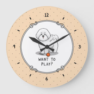 Want to Play? Bichon Frise Dog with Ball - Cute Große Wanduhr