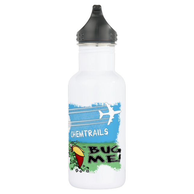 Wanze, die weg von chemtrail Flugzeug läuft Trinkflasche (Rechts)