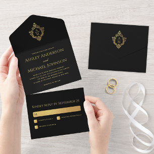 Wappen Black Imitats Gold Elegantes Hochzeitsszena All In One Einladung
