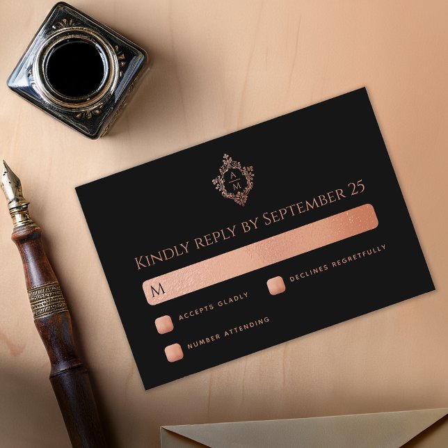 Wappen Black Pink Rose Gold Monogramm Hochzeit RSVP Karte (Von Creator hochgeladen)