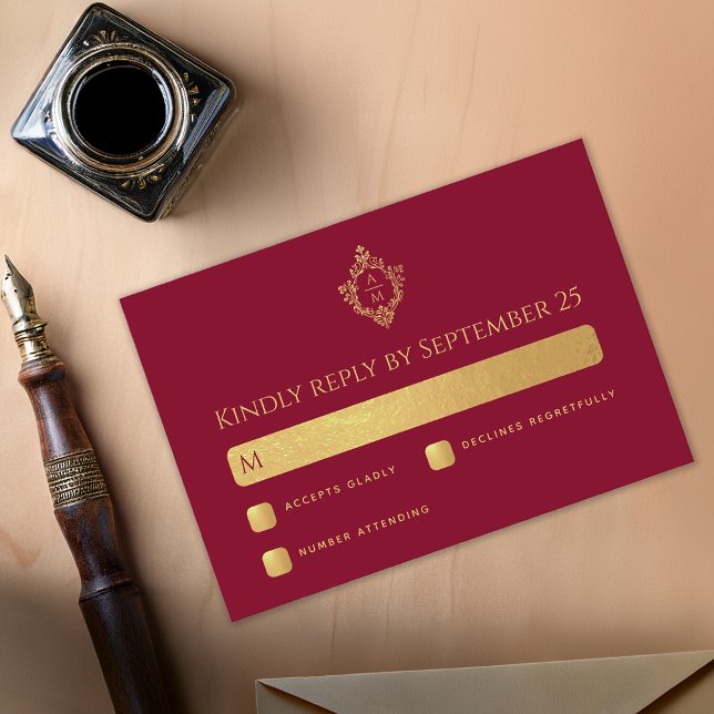 Wappen Burgundy Imitats Gold Elegante Wedding Mono RSVP Karte (Von Creator hochgeladen)