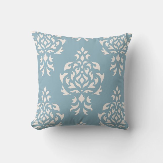 Wappen Damask Muster - Creme auf blau Kissen (Vorderseite)