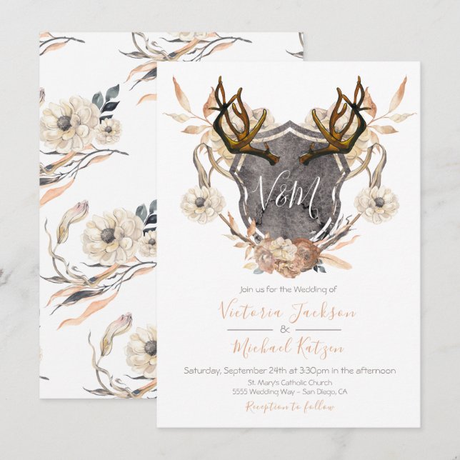 Wappen floral Wasserfarben Antler Hochzeit Einladu Einladung (Vorne/Hinten)