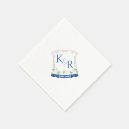 Wappen für Hochzeiten an der weißen und blauen Küs Serviette