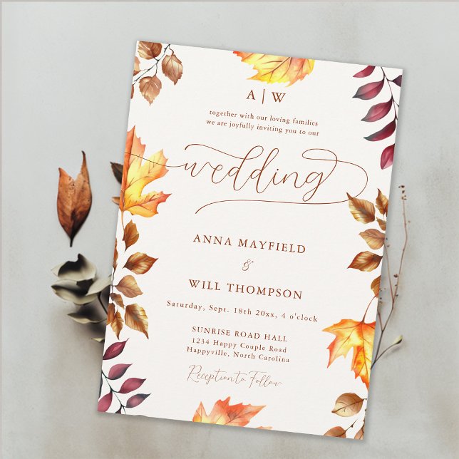 Wappen-Hochzeit des hellen Kürbiskopfes Einladung (Pumpkin Orange Fall Wedding Invitation Autumn Leaves Romantic Calligraphy Elegant Bohemian Monograms)