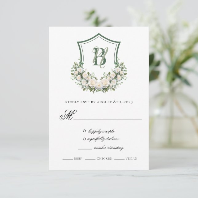 Wappen Hochzeit von weißen Blume RSVP Karte (Stehend Vorderseite)
