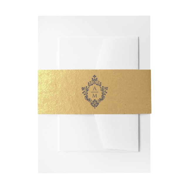 Wappen Imitate Gold Foil Navy Blue Monogram Luxus Einladungsbanderole (Vorderseite Beispiel)