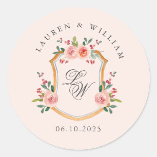 Wappen mit Monogramm rosa Hochzeit  Runder Aufkleber