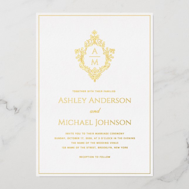 Wappen Monogram 2 Initials Elegant Wedding Gold Folieneinladung (Vorderseite)