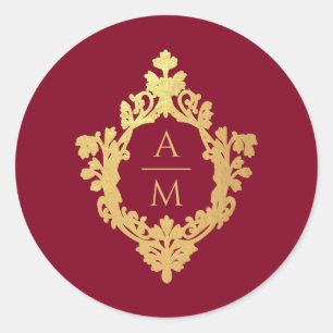 Wappen Monogram Burgundy Imitats Gold Vintage Wedd Runder Aufkleber