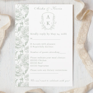 Wappen Monogram Sage Green Wedding RSVP Karte