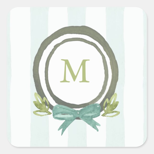 Wappen Pastell Light Blue und Green Monogram Quadratischer Aufkleber (Vorderseite)
