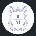 Wappen personalisiert Hochzeit Monogramm Etikett Runder Aufkleber<br><div class="desc">Elegantes Etikett mit blauem Wappen. Einfach mit Ihren Initialen bearbeiten.</div>