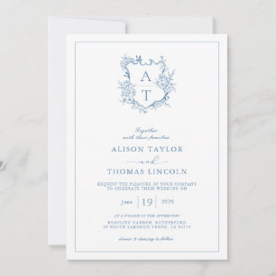 Wappen Vibrant Blue Monogram QR Code Wedding Einladung