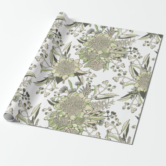 Waratah & Gumnut Eukalyptus - grün und weiß Geschenkpapier (Ungerollt)