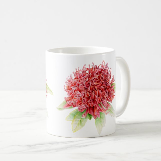 Waratah Protea rouge fleur aquarelle d'art tasse (Devant droit)