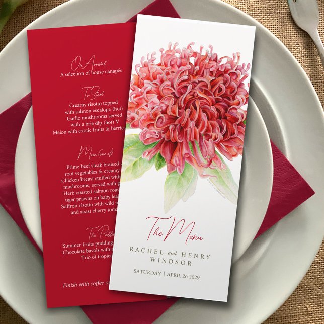 Waratah Rote Blume australische Hochzeitskarte Menükarte (Von Creator hochgeladen)